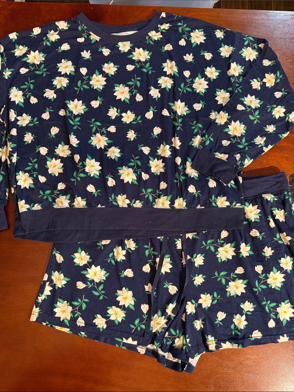 Draper James Navy Floral Two-Piece Womens Pajama Set with Yellow Blossoms